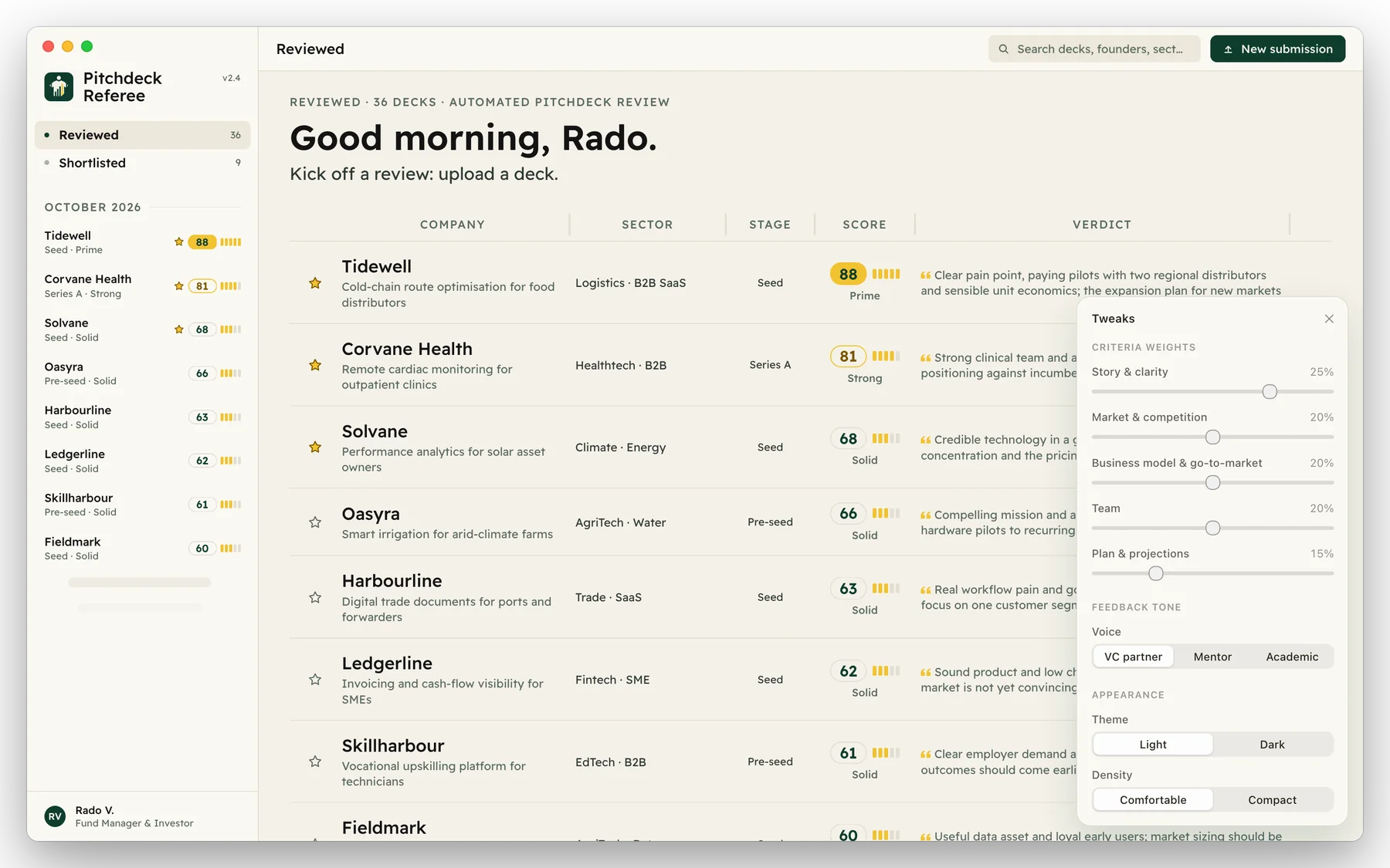 The Pitchdeck Referee app showing a list of reviewed decks, each with a sector, stage, score from 0 to 100, a band such as Prime or Solid, and a one-line verdict. A side panel shows adjustable criteria weights.