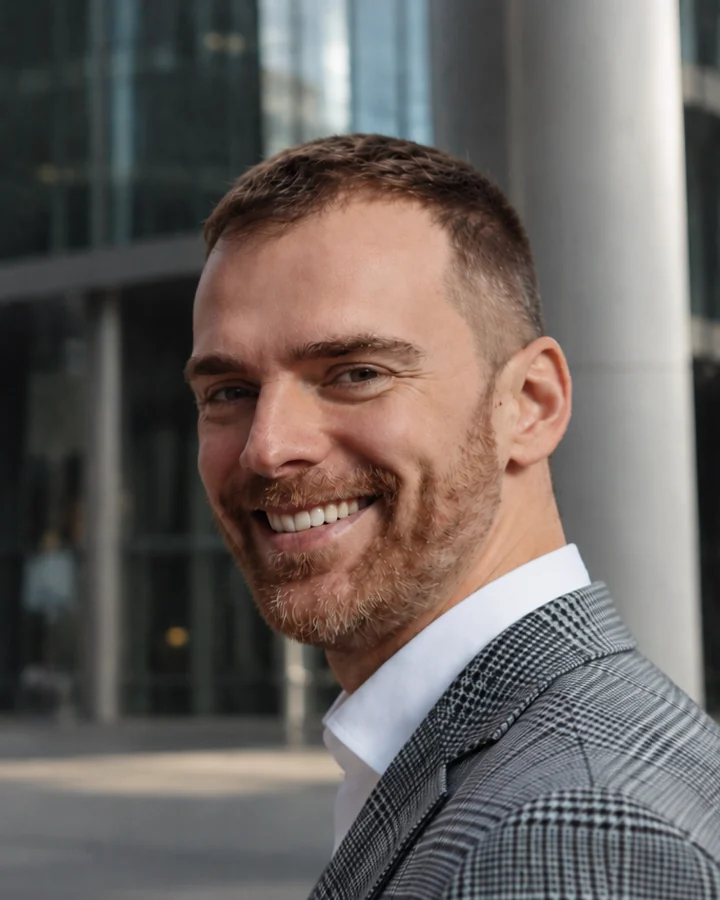 Portrait of Radoslav Vasina in a grey check jacket, smiling, in front of modern office buildings.